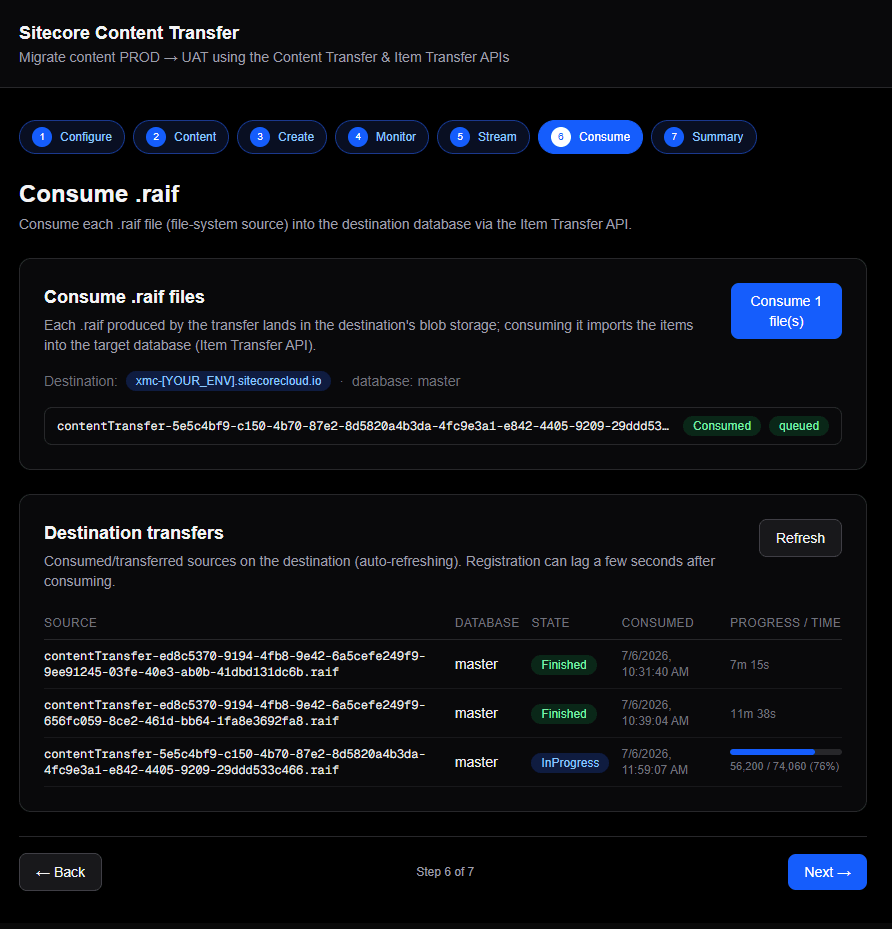 Sitecore Raft — Step 6: live consume progress via the Item Transfer API