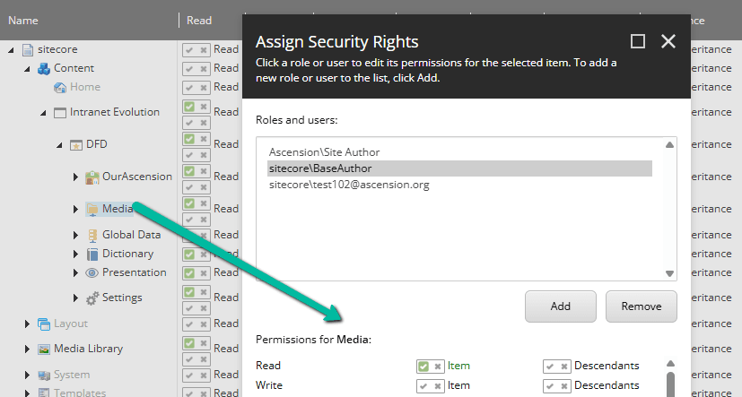 Security Editor granting read access to the SXA Site Virtual Media Folder