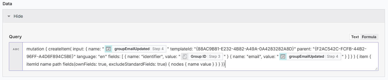 Sitecore Connect GraphQL Create Item Action with Updated Data Pills